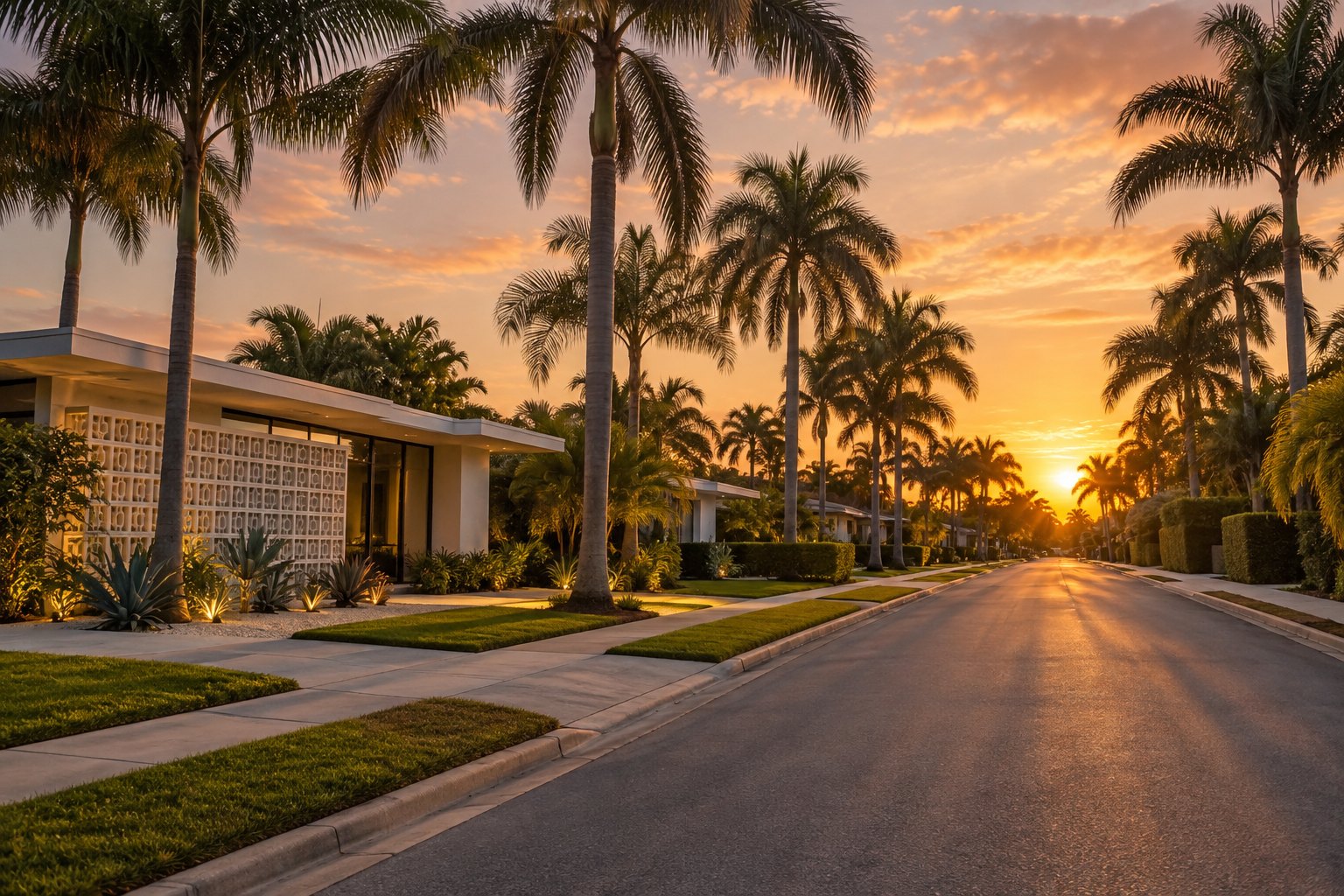 A tree lined Surfside street at sunset, illustrative